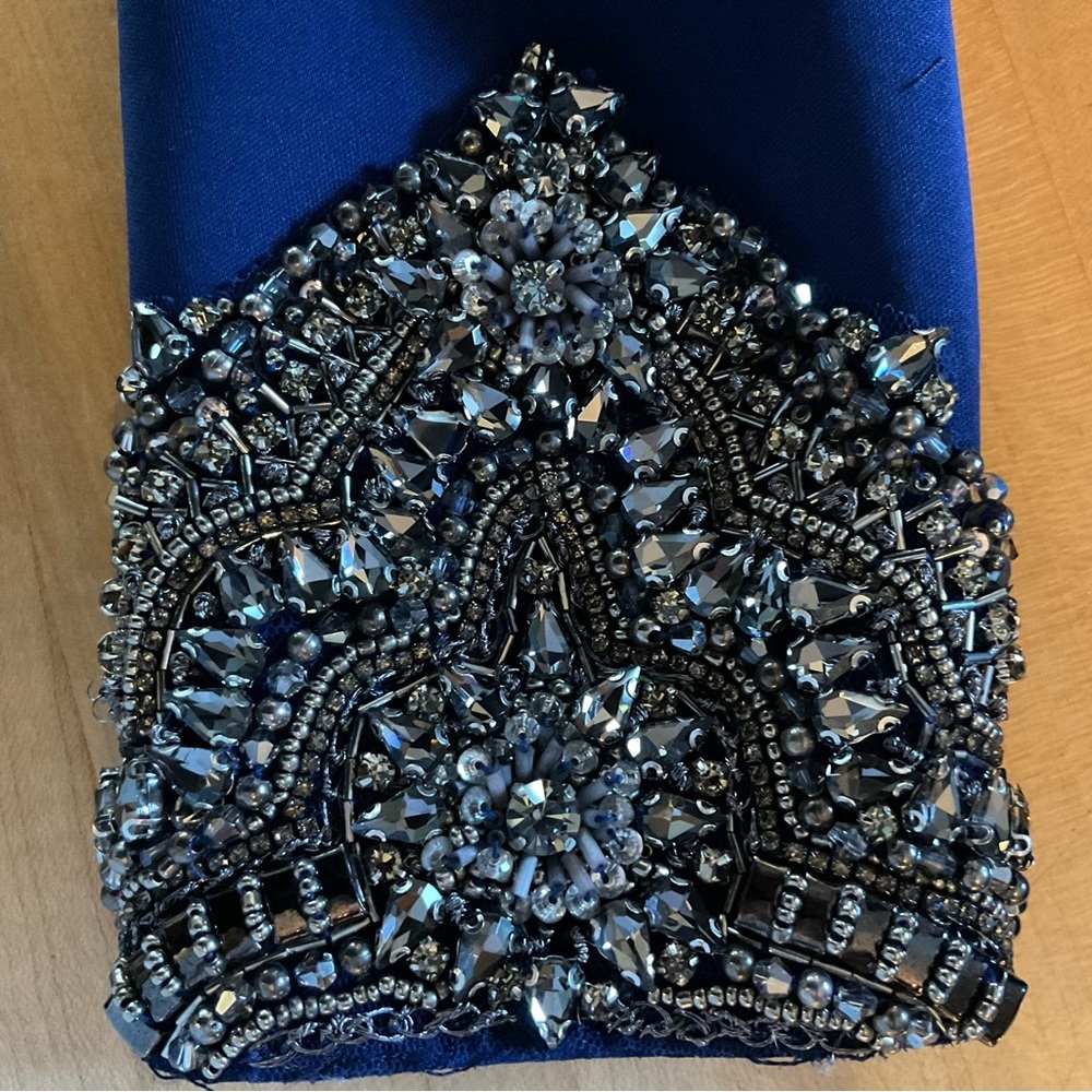 Royal Blue Badgley Mischka Mermaid Evening Gown Beaded Cuffs Bow Back Formal Sz4 - Picture 8 of 16